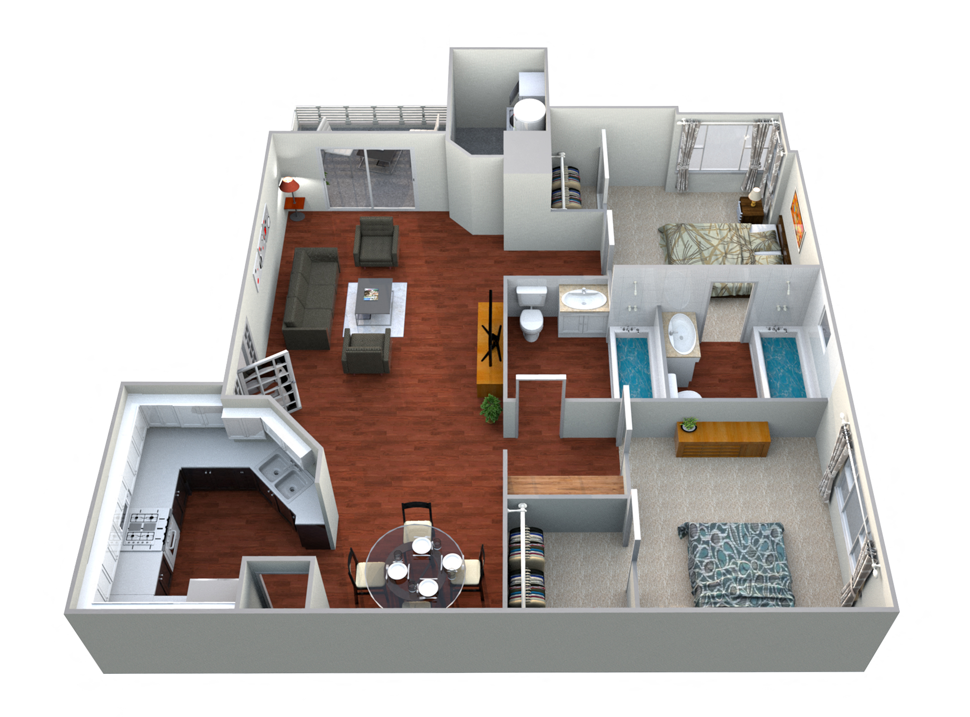 Floor plan for 2 beds, 2 baths, 975 sqft